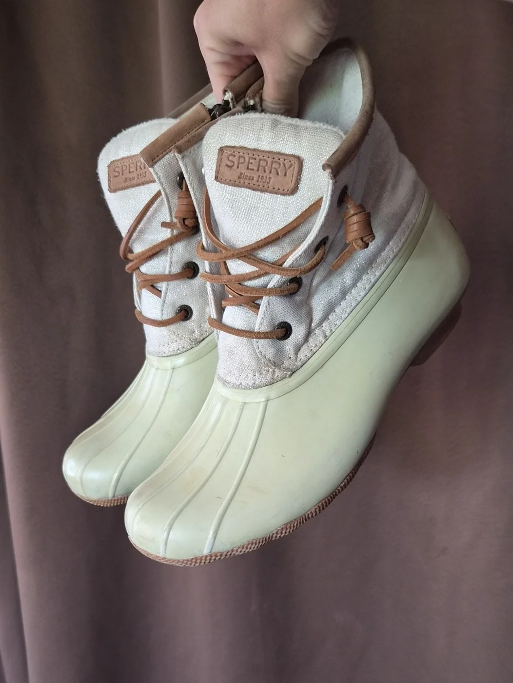 Sperry Saltwater Duck Boots in Cream and Tan Glitter 8.5 Womens